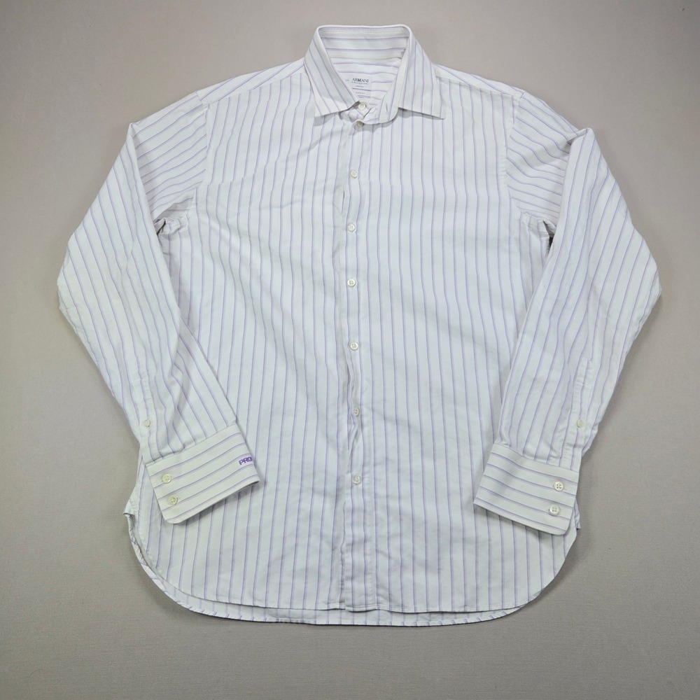 Armani Collezioni Dress Shirt Striped Luxury Cotton White Purple Mens L 16 41